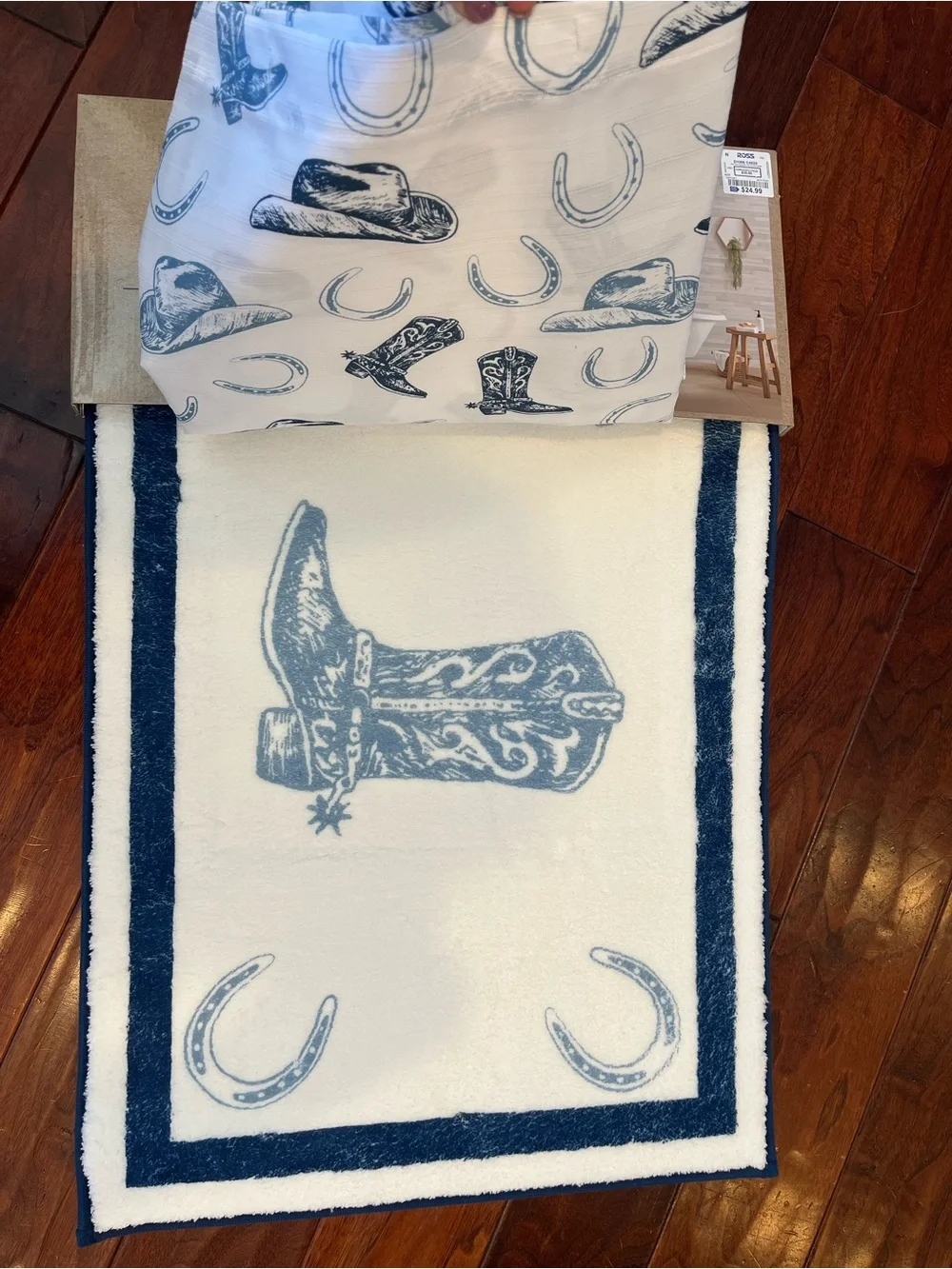 Wrangler Cowboy Boots, Hat, Horseshoe Shower Curtain & Rug Set